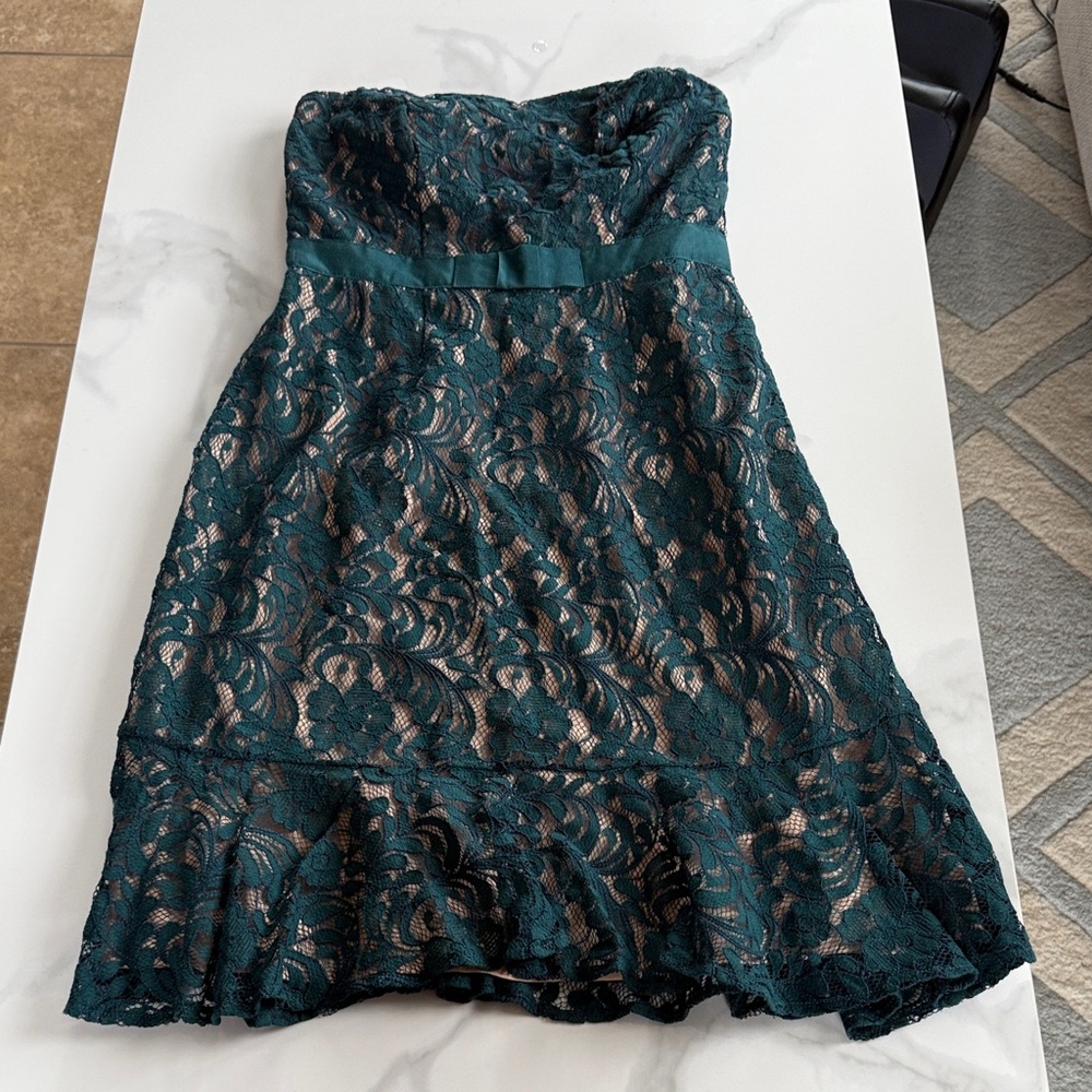 The Limited Strapless Lace Dress in Dark Teal